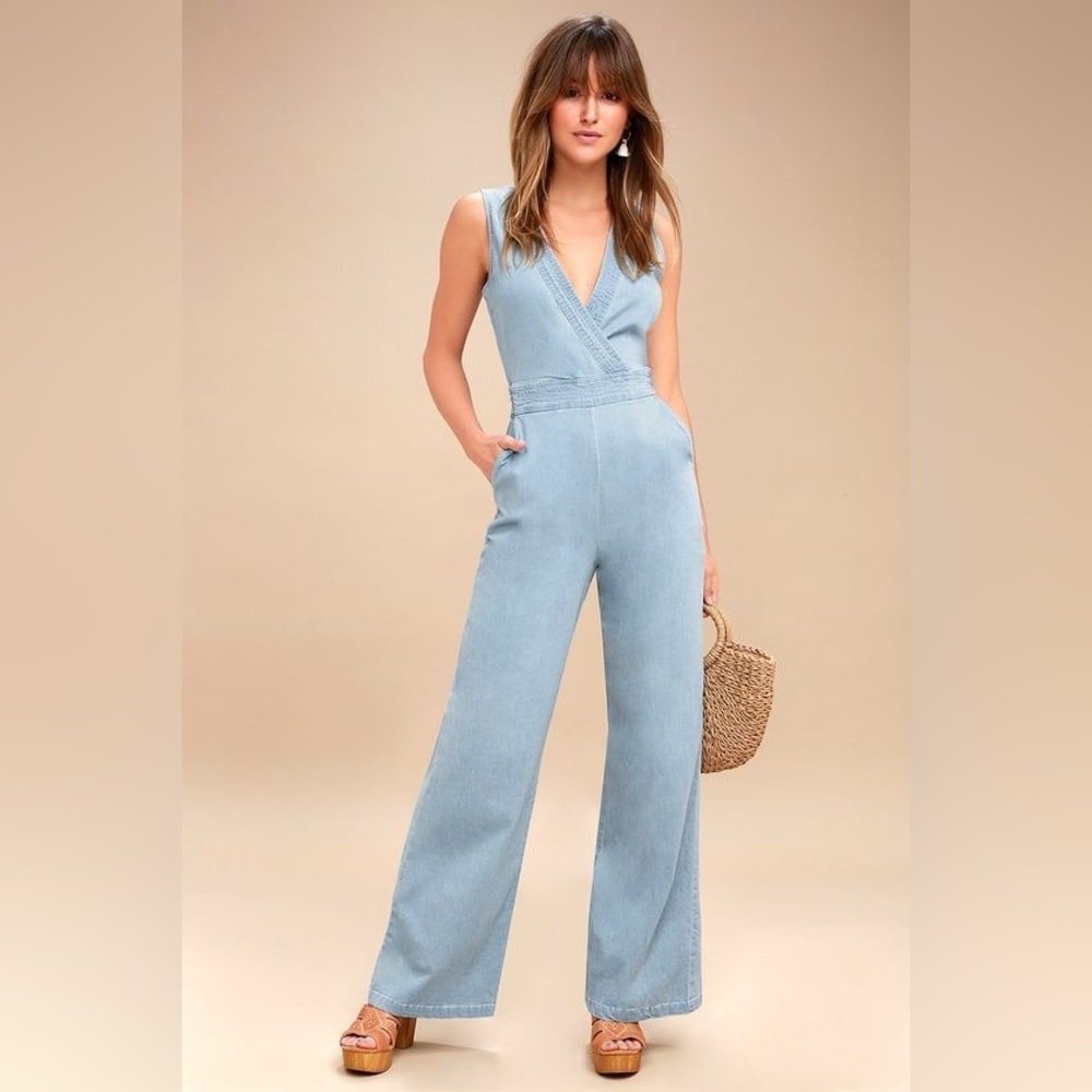 V-Neck Light Blue Wide-Leg Jumpsuit